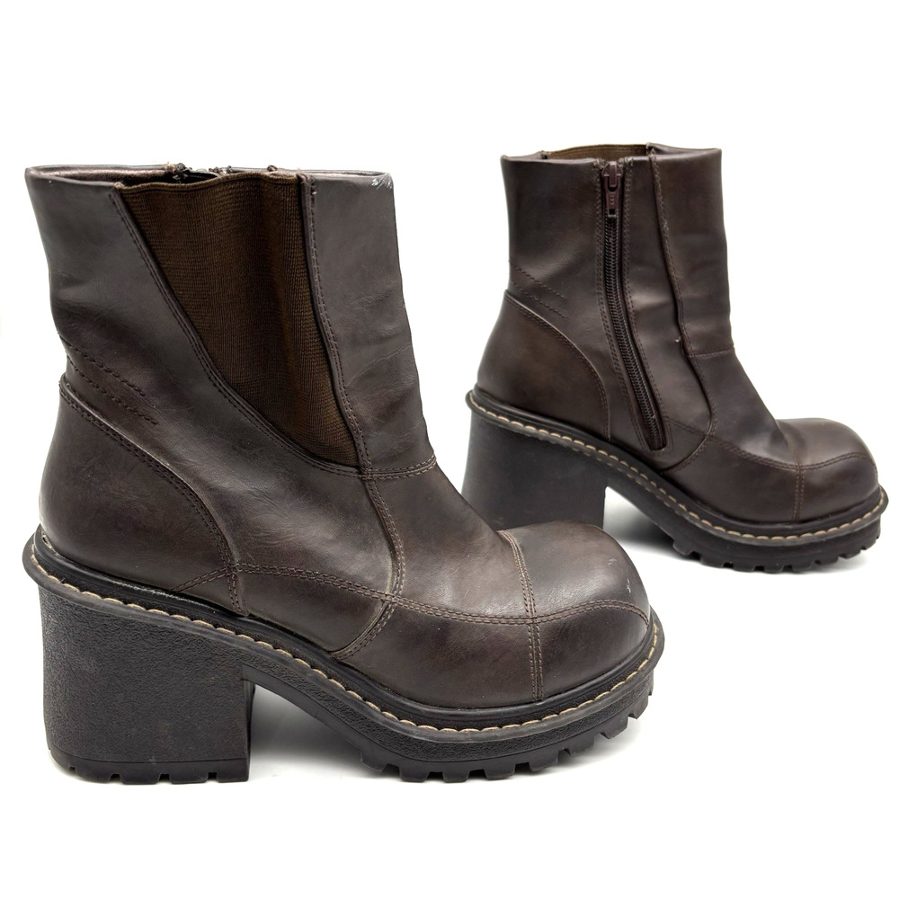 Vintage 90s Y2K Lower East Side Brown Faux Leather Block Heel Platform Boots 8.5
